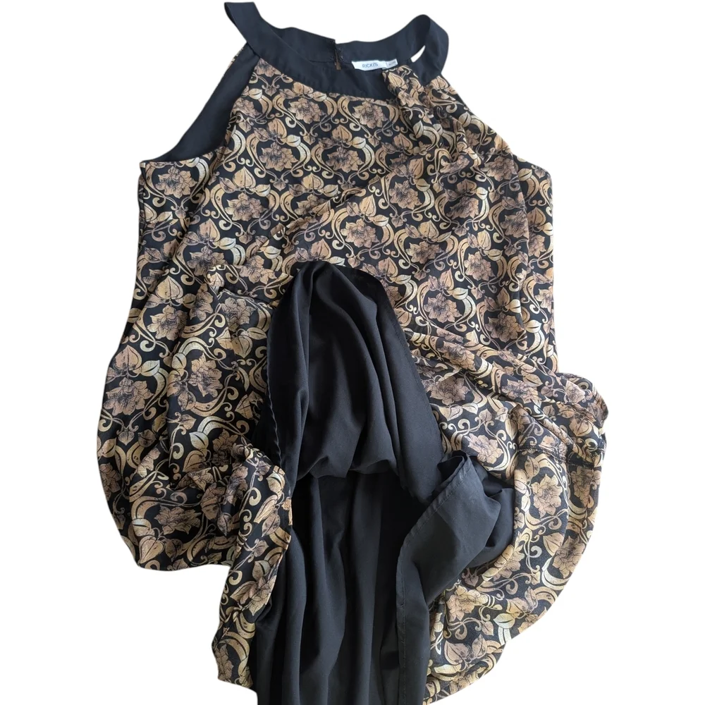 Ricki’s Black Gold Baroque Midi Dress XL Flowy Sleeveless Dark Quiet Luxury - Picture 10 of 11